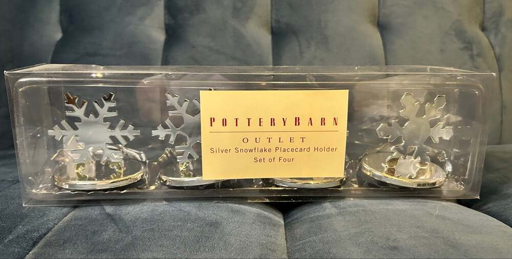 NIB Pottery Barn Silver Snowflake Placecard Holder Silver Plated Set of Four